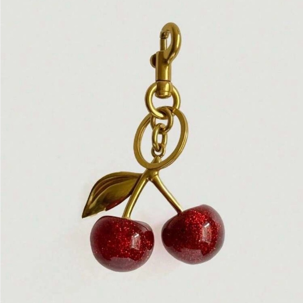 Cherry Keychain Red Glitter Cherry Bag Charm Gold Tone Key Ring Purse Charm